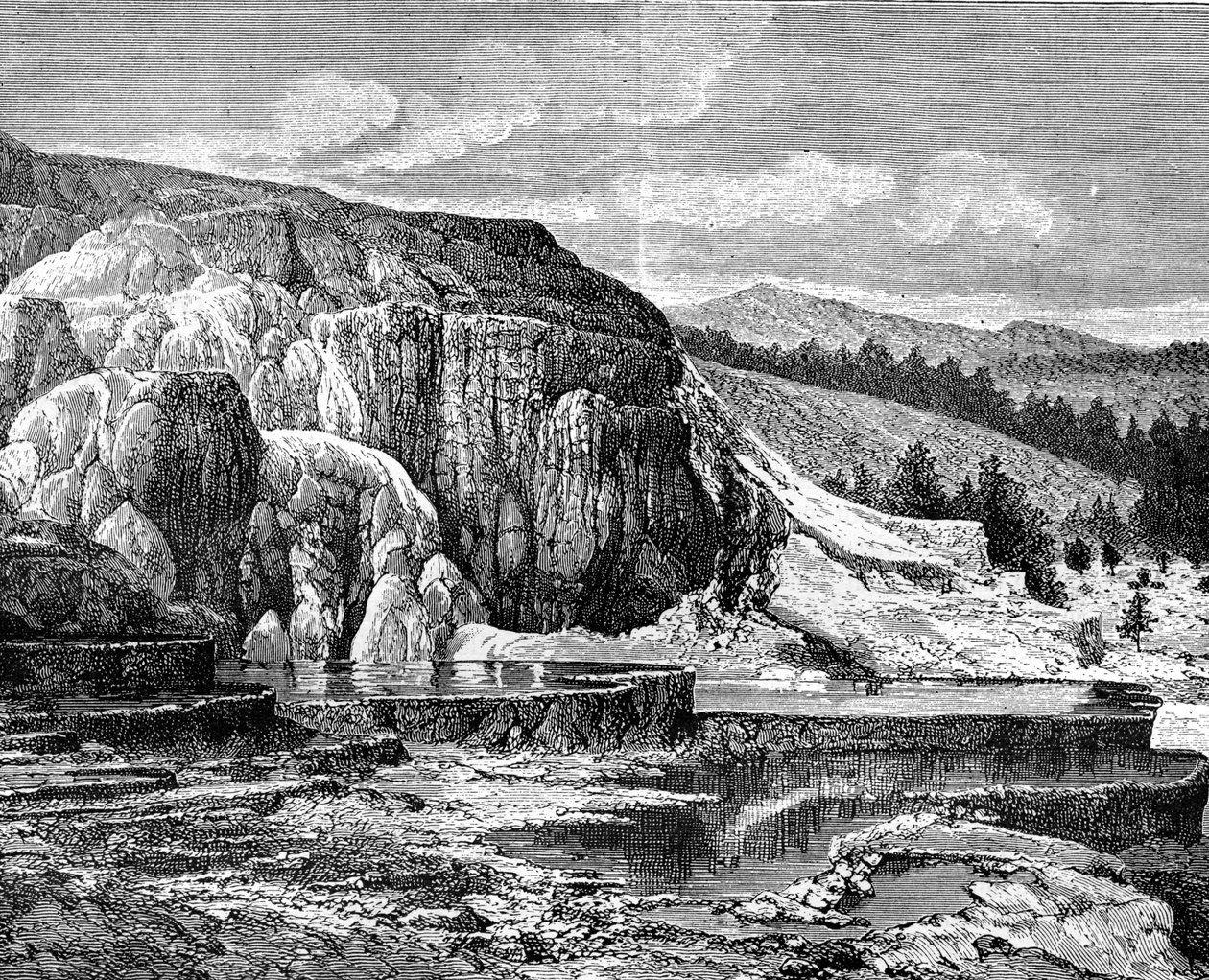 Mammoth Hot Springs, Yellowstonský národní park, USA, 19. století. od Edouard Riou