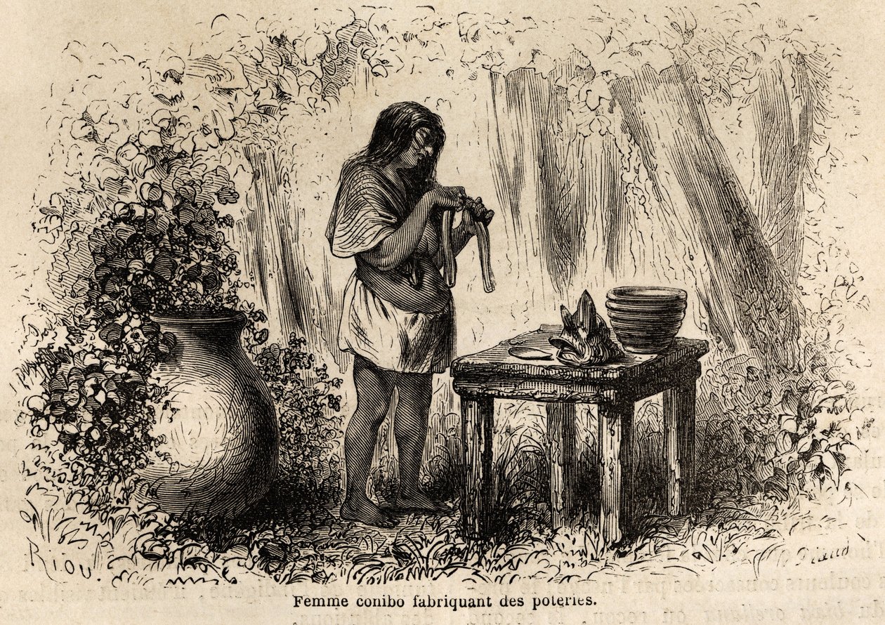 Výroba keramiky indiána Conibo z Peru, kresba Riou pro ilustraci cesty P. Marcoye v letech 1848 až 1860 z Tichého oceánu do Atlantského oceánu. Rytina v „“Le tour du monde““, editoval Edouard Charton od Edouard Riou