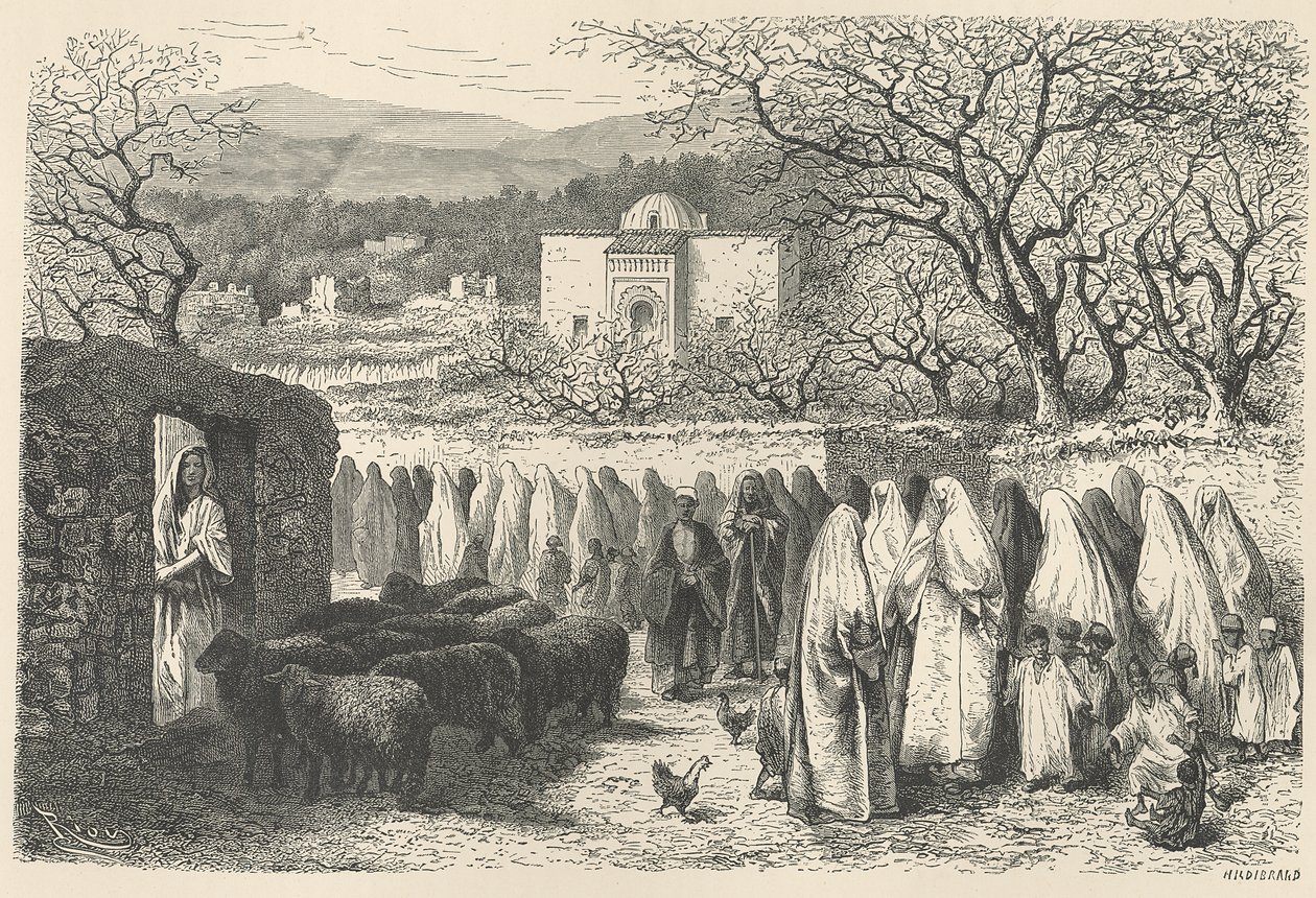 Marabout a procesí: Tlemcen, vyryl Henri Theophile Hildibrand (1824-97) od Edouard Riou