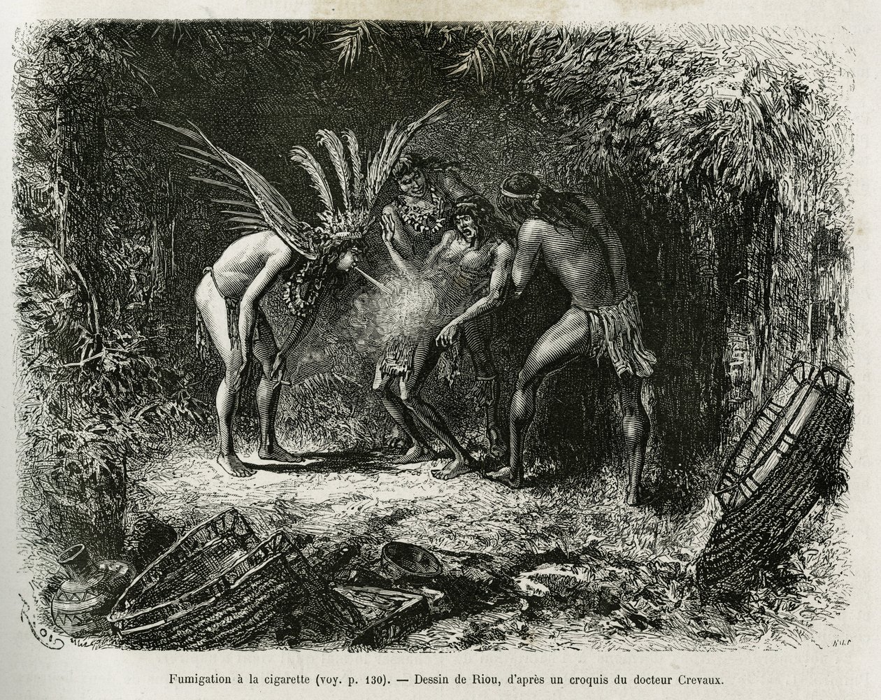 Lékařská fumigace cigaretami u indiánů Roucouyan. Rytina od Riou, k ilustraci příběhu Cayenne aux Andes, od Julese Crevauxe, doktora francouzského námořnictva, v letech 1878-1879, publikovaná v Tour du monde, pod vedením Edouarda Chartona od Edouard Riou
