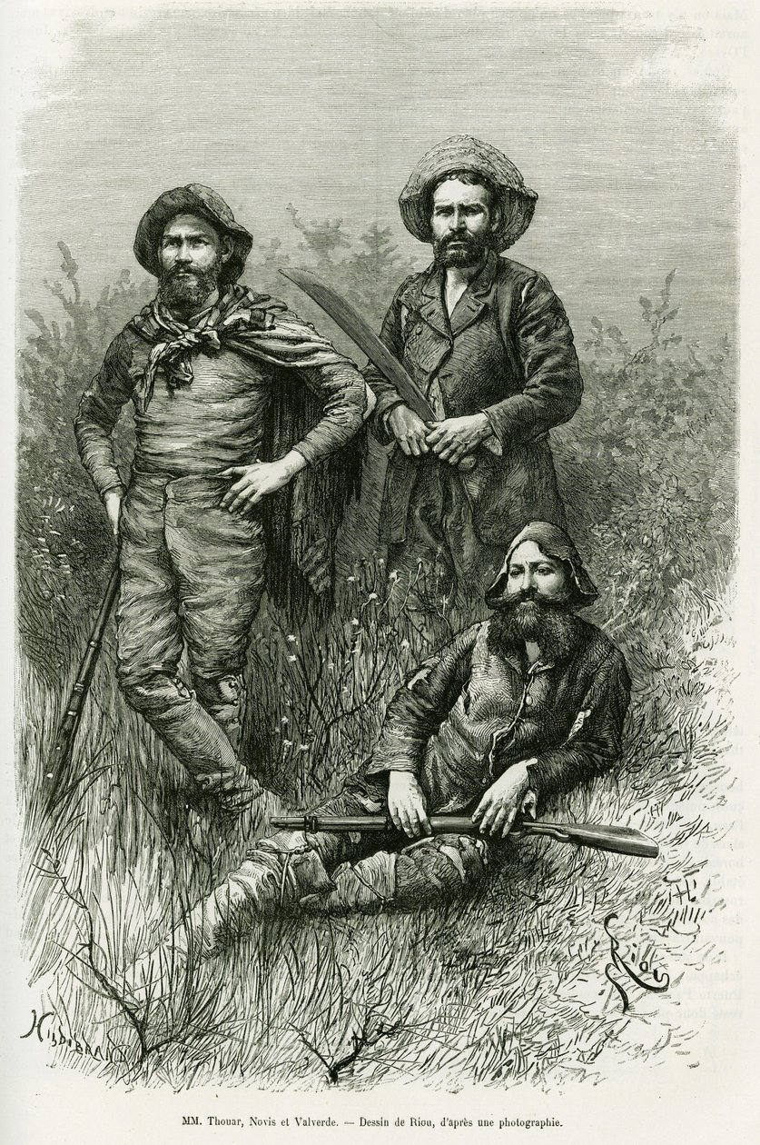 Členové výpravy: pan Thouar (prodlužující se), pan Novis (stojí vlevo) a pan Valverde (stojí vpravo). Rytina Riou pro ilustraci příběhu Voyage dans le Chaco Boreal od Edouard Riou