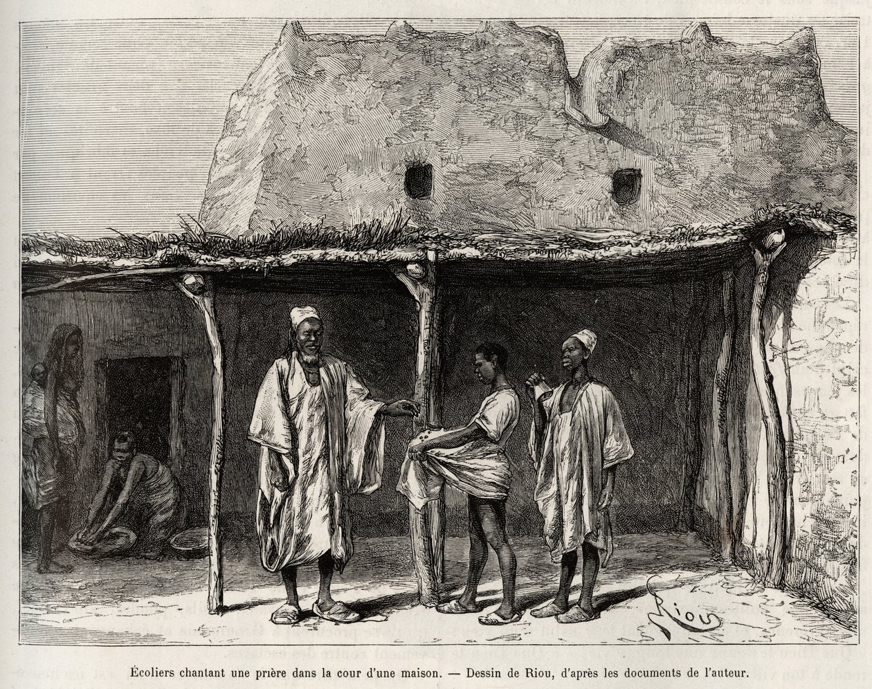 Muslimští školáci za zpěvu modlitby na nádvoří domu, praktikovaného v zemi Kong (Niger), školáci dostávají hrst cauris, kterou odevzdávají svému učiteli a která odpovídá jakési dani za veřejné školství. od Edouard Riou