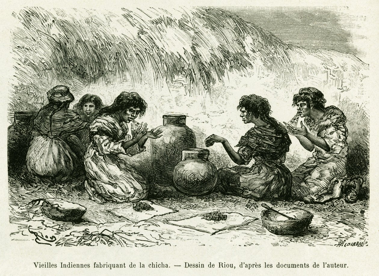 Staré indické ženy vyrábějící šíšu. Rytina Riou pro ilustraci příběhu Cesta v deltě Pilcomayo az Buenos Aires do Sucre od Edouard Riou