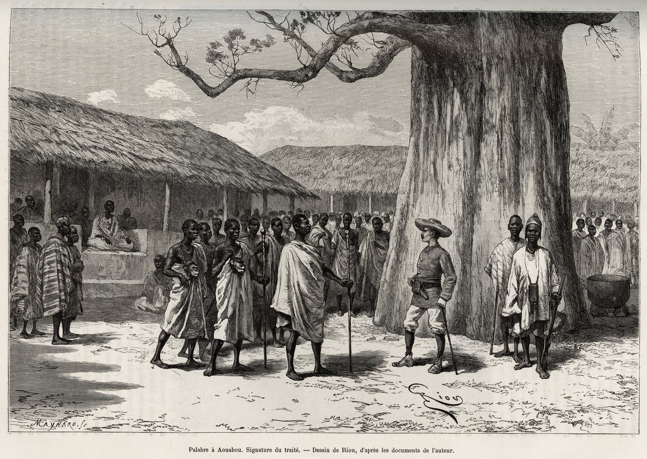 Palabre a Aouabou (Pobřeží slonoviny). Podpis obchodní smlouvy na dvoře Anno s portrétem autora. Rytina od Riou pro ilustraci příběhu „“ Z Nigeru do Guinejského zálivu““ od kapitána Louise Gustava Bingera (1856-1936), v letech 1887-1 od Edouard Riou