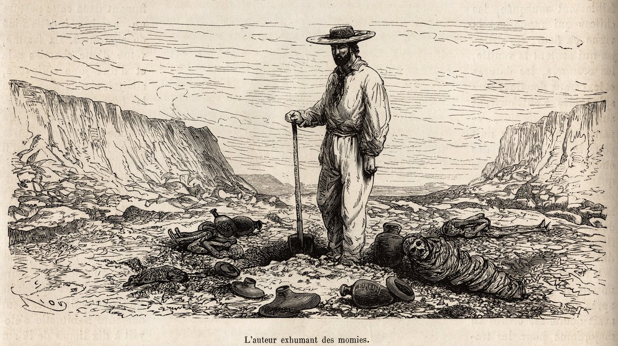 Paul Marcoy exhumant des mumies Incas (Bas Peru), rytina E.Riou ilustrující cestu v horách, údolí Huarancalqui a regionech Pjonal, od roku 1862 do roku 1863, od Paul Marcoy, publikovaná v „Le tour du monde“ “ 1875, editoval Edou od Edouard Riou