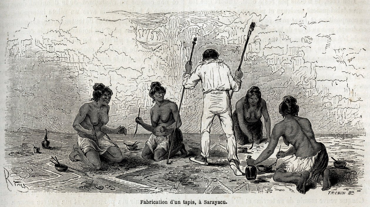 Paul Marcoy se naučil vyrábět koberec s vdovami ze Sarayacu (Peru), kresba od Riou, k ilustraci cesty Paula Marcoye z Tichého oceánu do Atlantského oceánu v letech 1848 až 1860. Gravírování v „“Le tour du monde““, upraveno od Edouarda Chartona od Edouard Riou