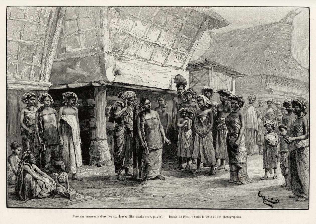 Hrající ušní ozdoby dívkám Batak, etnická skupina severní Sumatry. Rytina od Riou pro ilustraci příběhu „Rok v Malajsii“, od Julese Clainea (1856-1939) od Edouard Riou