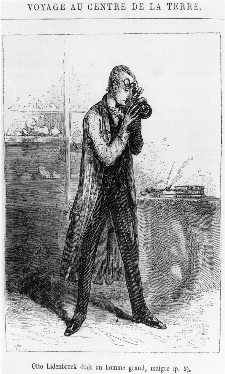 Profesor Otto Lidenbrock, ilustrace z „Cesta do středu Země“ od Julese Verna (1828-1905) Paříž, Hetzel od Edouard Riou
