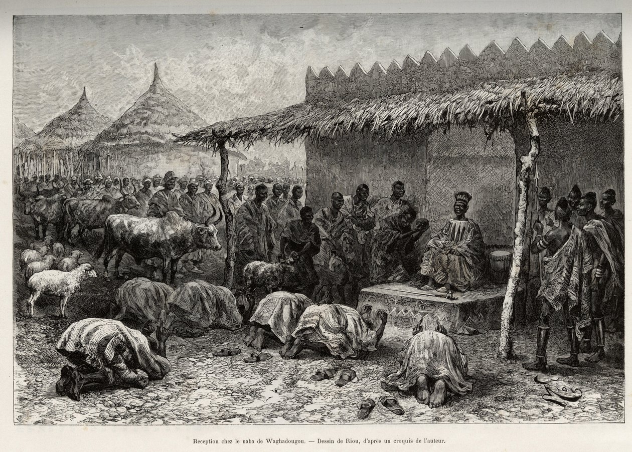 Recepce v naba Sanem, z království Mossi (nebo Mosse) z Waghadougou (Ouagadougou, Burkina Faso). Rytina od Riou pro ilustraci příběhu „“ Z Nigeru do Guinejského zálivu““ od kapitána Louise Gustava Bingera (1856-1936), v letech 1887-1889, v Le tou od Edouard Riou
