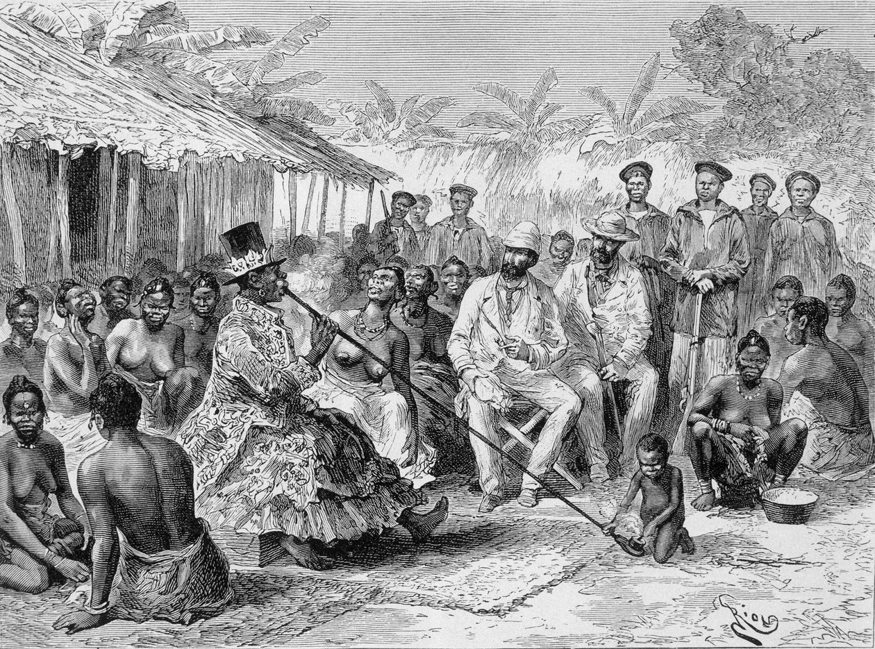 Savorgnan de Brazza palaver s Renoké, vesnickým vůdcem západní Afriky - v „“Tour du Monde“, 2. týden 1887 od Edouard Riou