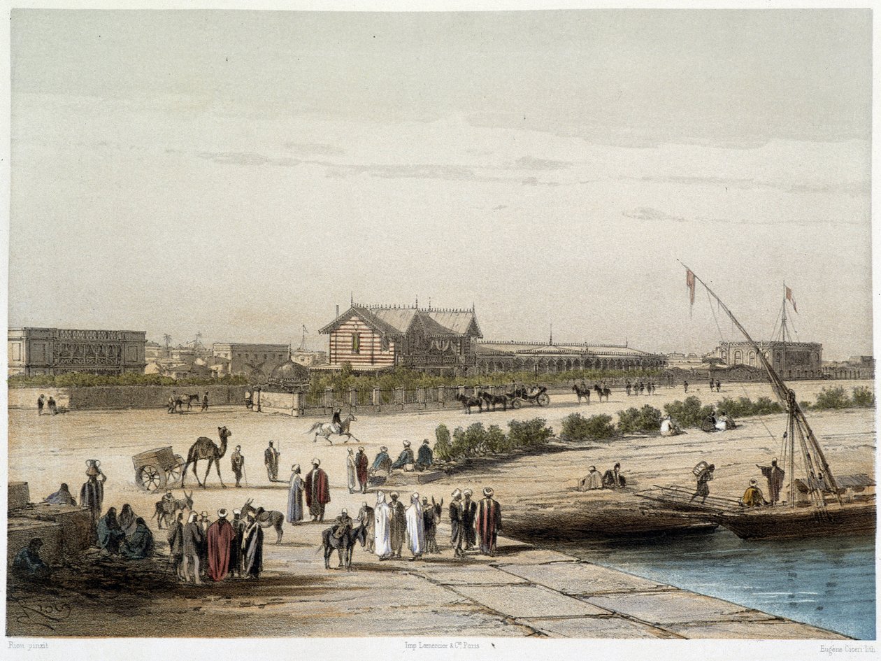 Scéna a pohled na kanál v „“ Inaugurace Suezského průplavu od G. Nicole. 1869 od Edouard Riou