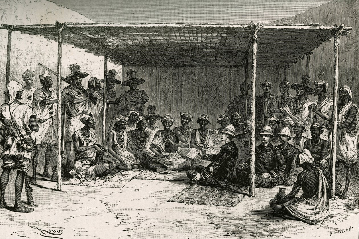 Podepsání smlouvy, která dne 25. dubna 1880 umístila zemi Kita (bývalý francouzský Súdán, dnešní Mali) pod protektorát Francie, mezi velitelem Josephem Gallienim (1849-1916) a Tokontanem Keitou. Rytina Riou, podle náčrtu au od Edouard Riou