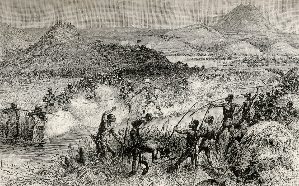 První setkání sira Henryho Mortona Stanleyho s Mazambony, 1890 (dřevoryt) od Edouard Riou