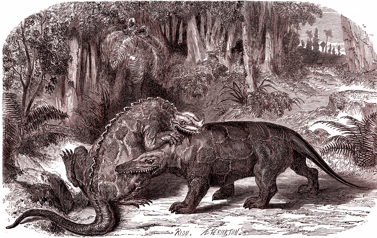 Leguánodon a megalosaurus (rytina) od Edouard Riou