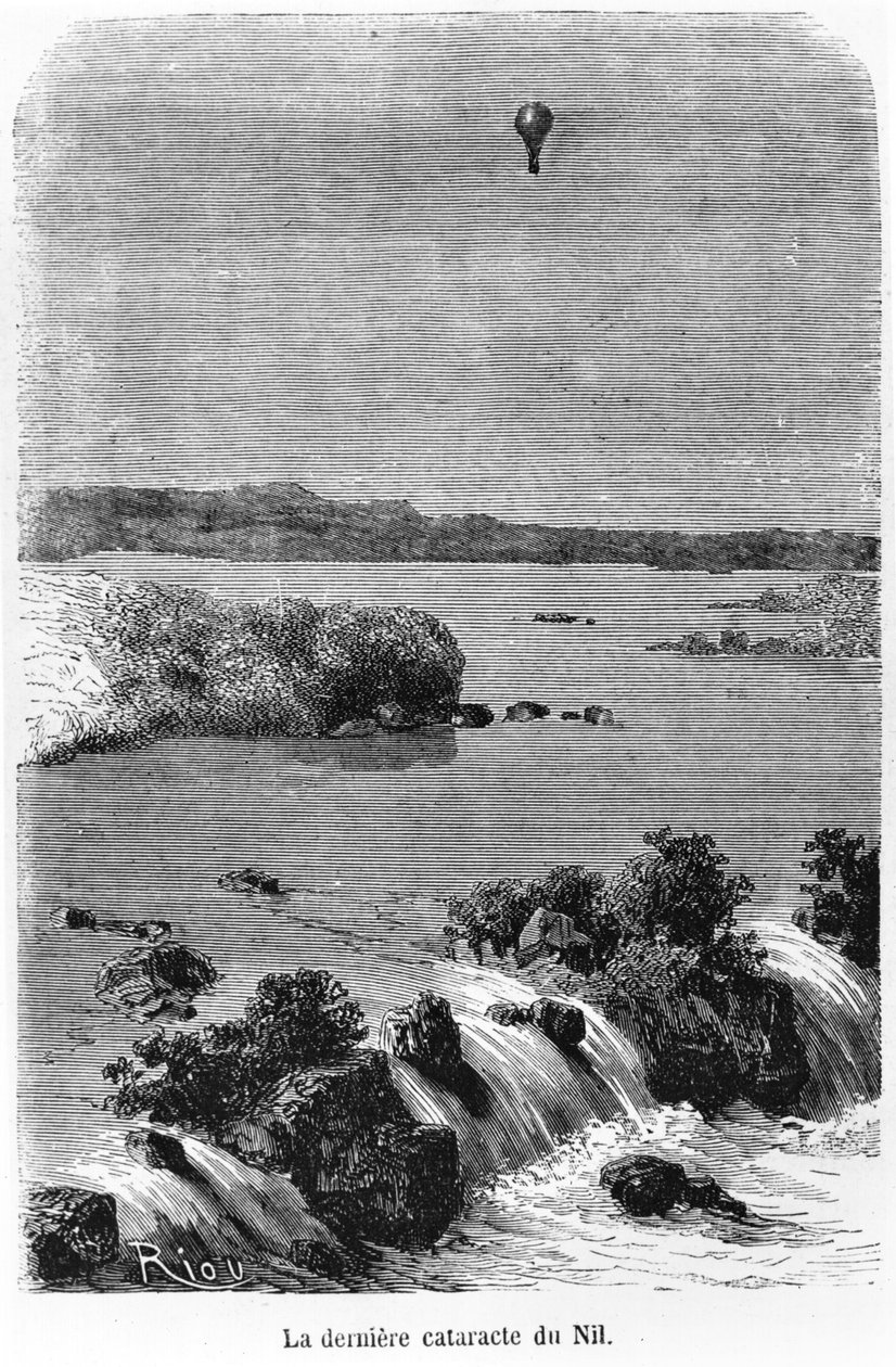 Poslední katarakt na Nilu, ilustrace z „Pět týdnů v balónu“ od Julese Verna (1828-1905) Paříž, Hetzel od Edouard Riou