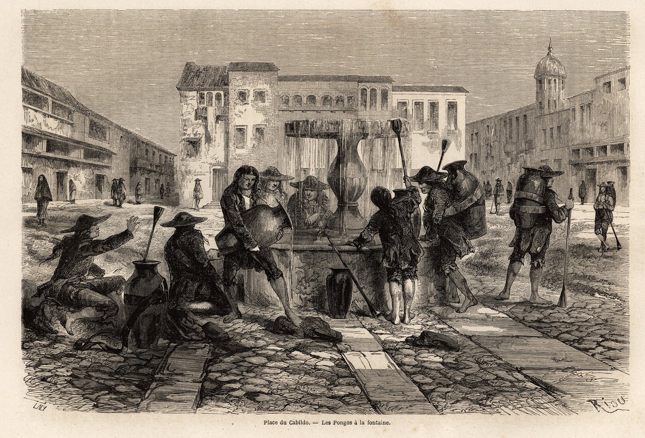 Pongové, indiáni vystavení nevolnictví, u fontány na náměstí cabildo v Cuzcu, kresba Riou, pro ilustraci cesty po Jižní Americe od roku 1848 do roku 1860 od Paula Marcoye. Rytina do „“Le tour du monde““, editoval Edouard C od Edouard Riou