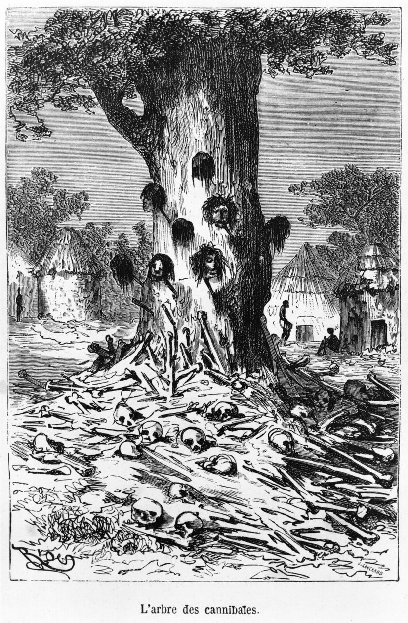 Strom kanibalů, ilustrace z knihy "Pět týdnů v balonu" od Julese Verna (1828-1905) Paříž, Hetzel od Edouard Riou
