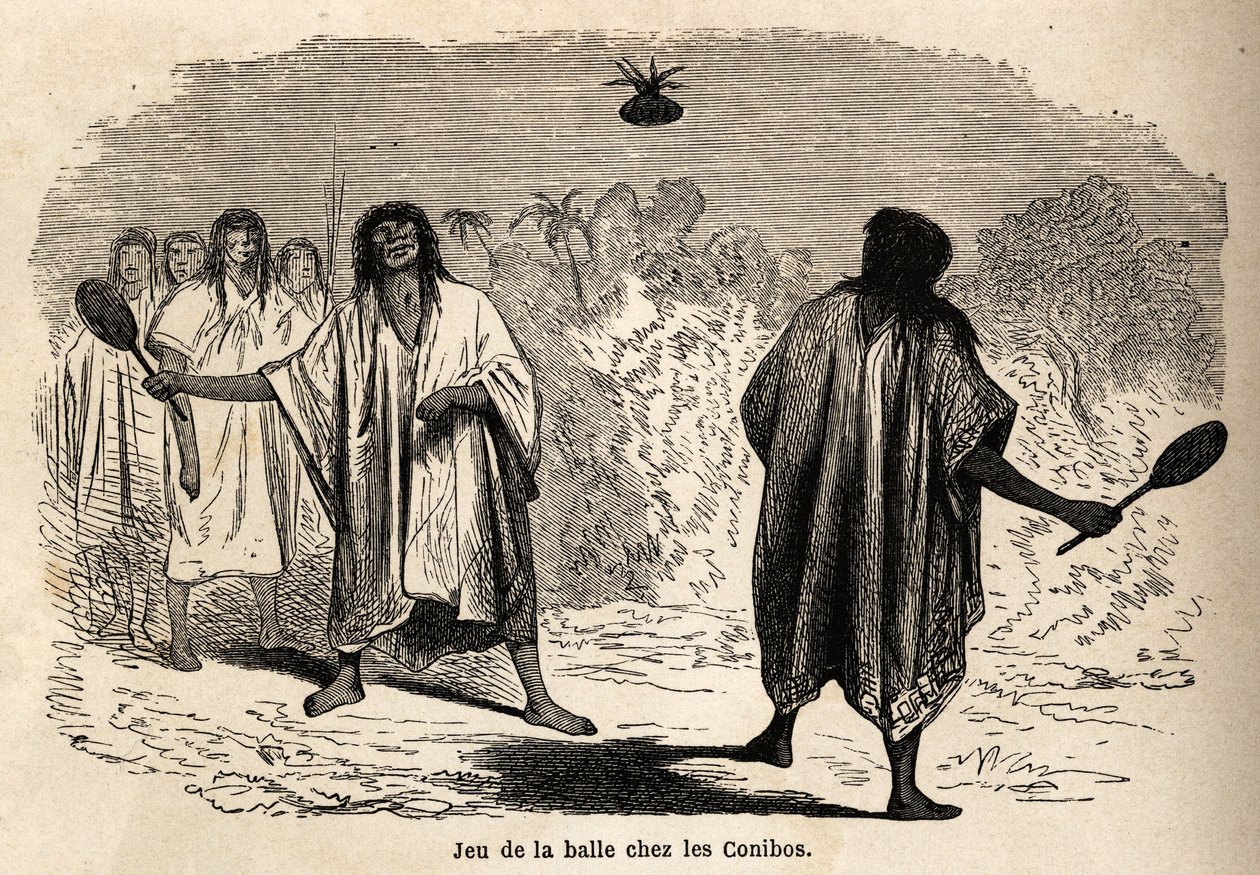 Míčová hra mezi indickými koniby z Peru, kresba Riouem pro ilustraci cesty P. Marcoye z Tichého oceánu do Atlantského oceánu v letech 1848 až 1860. Rytina v „“Le tour du monde““, editoval Edouard Charton od Edouard Riou