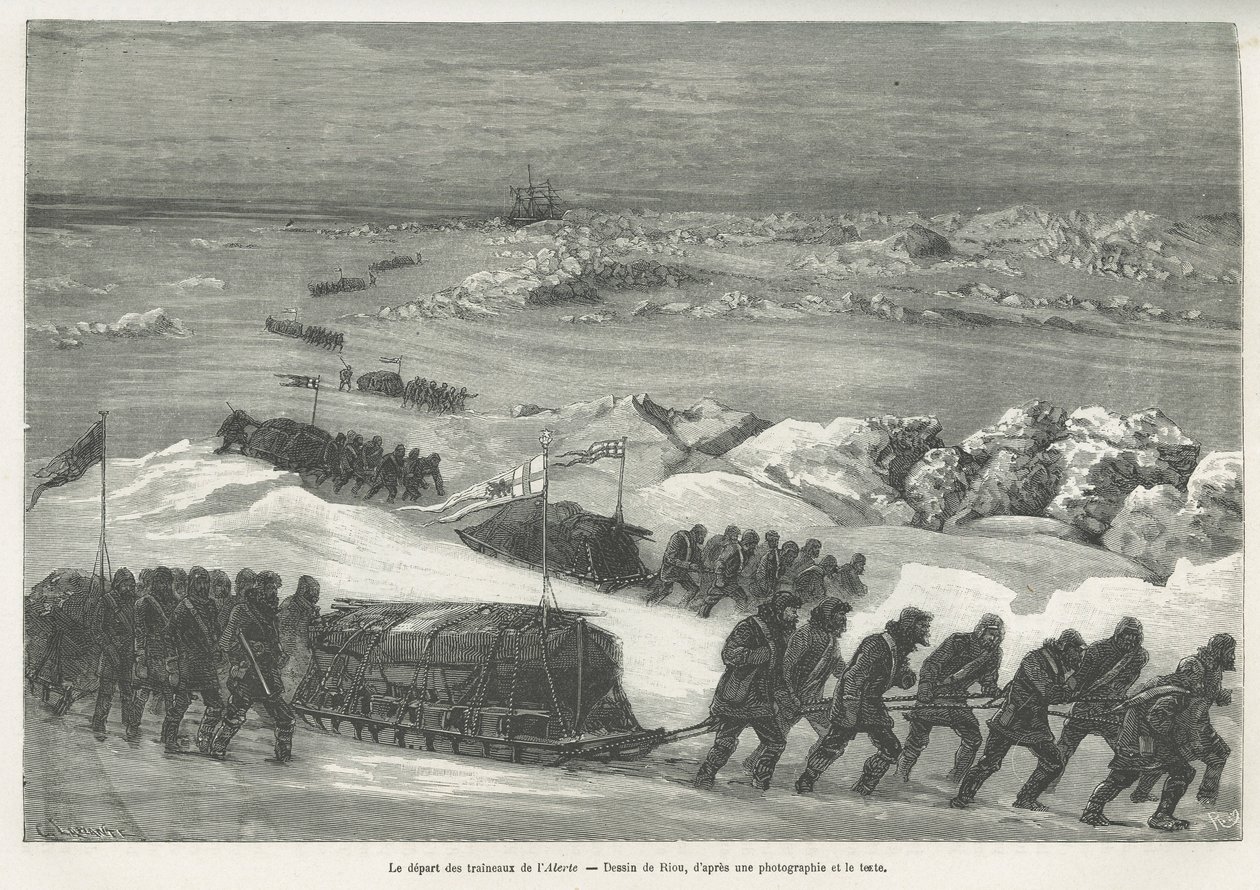 Odplutí saní Alert, lodi polární expedice, kresba Riou, pro ilustraci příběhu plavby k polárnímu moři v letech 1875-1876 od kapitána G.S.Narese. Rytina v Le tour du monde od Edouard Riou