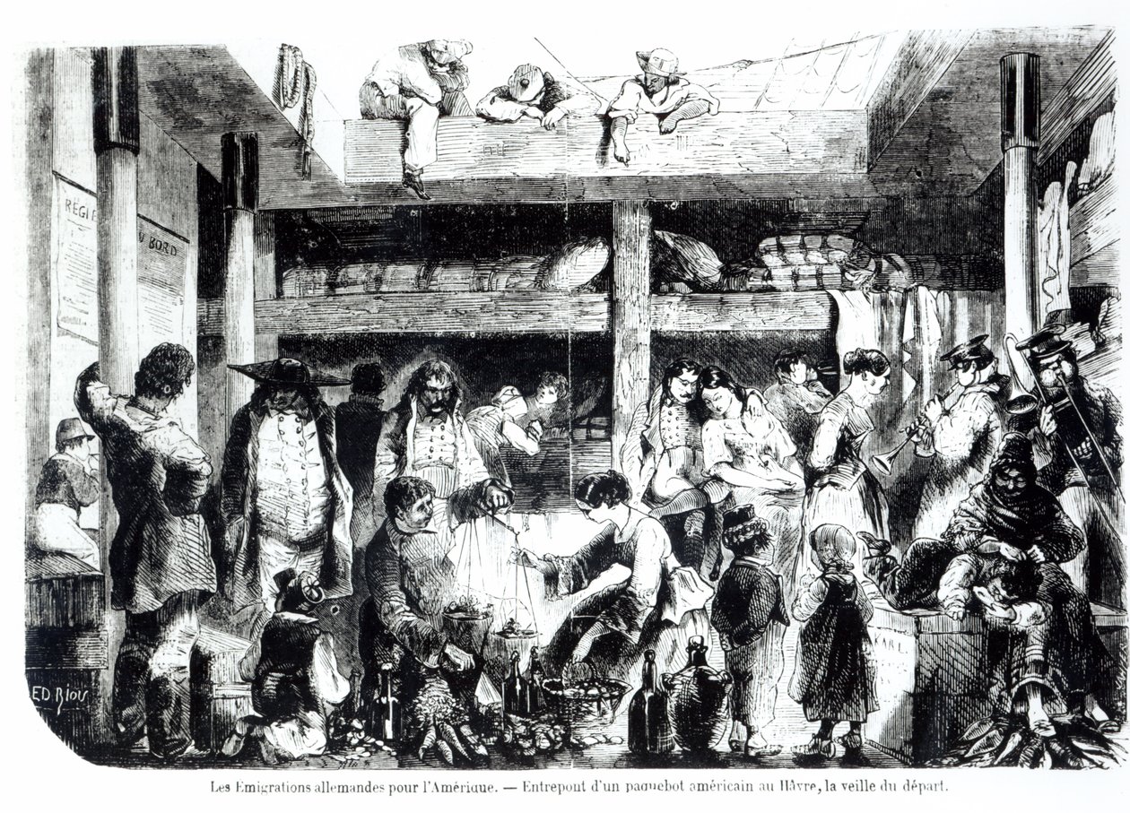 Předvečer odjezdu do Ameriky - němečtí emigranti odjíždějící do USA v kajutě amerického parníku v přístavu Le Havre, asi 1850 od Edouard Riou