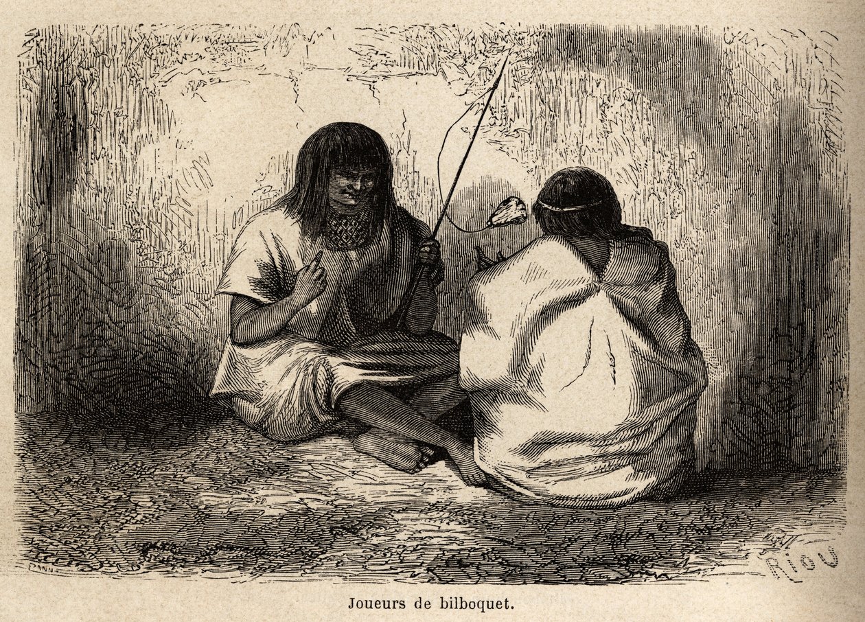 Hra bilboquet s želví hlavou mezi indiány Conibos z Peru, kresba Rioua pro ilustraci cesty P. Marcoye z Tichého oceánu do Atlantského oceánu v letech 1848 až 1860. Rytina v „“Le tour du monde“, editoval Edoua od Edouard Riou