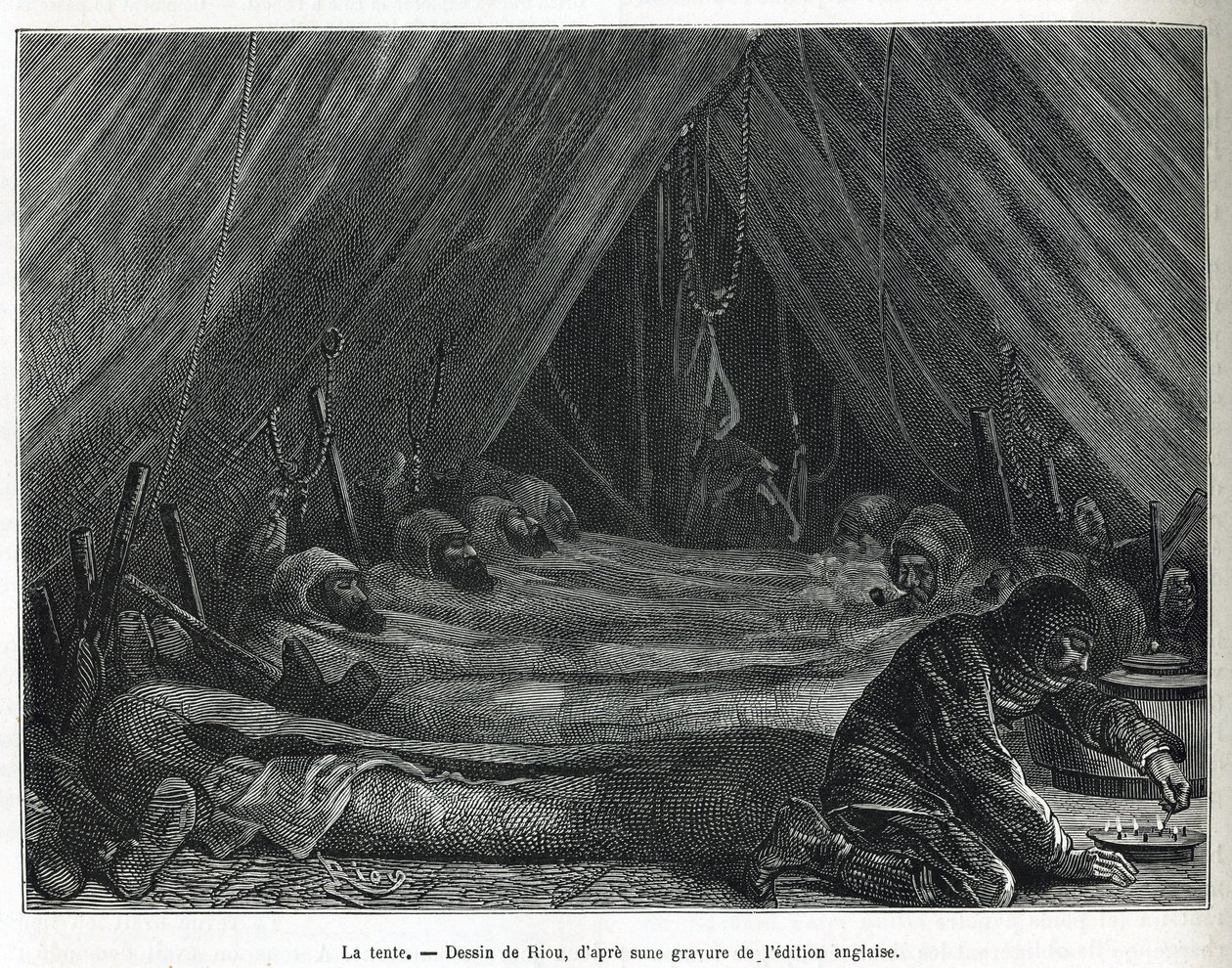 Interiér stanu na ledové kře, kresba od Riou, pro ilustraci příběhu o plavbě k polárnímu moři v letech 1875-1876 od kapitána G.SNarese (1831-1915). Rytina v Le tour du monde od Edouard Riou