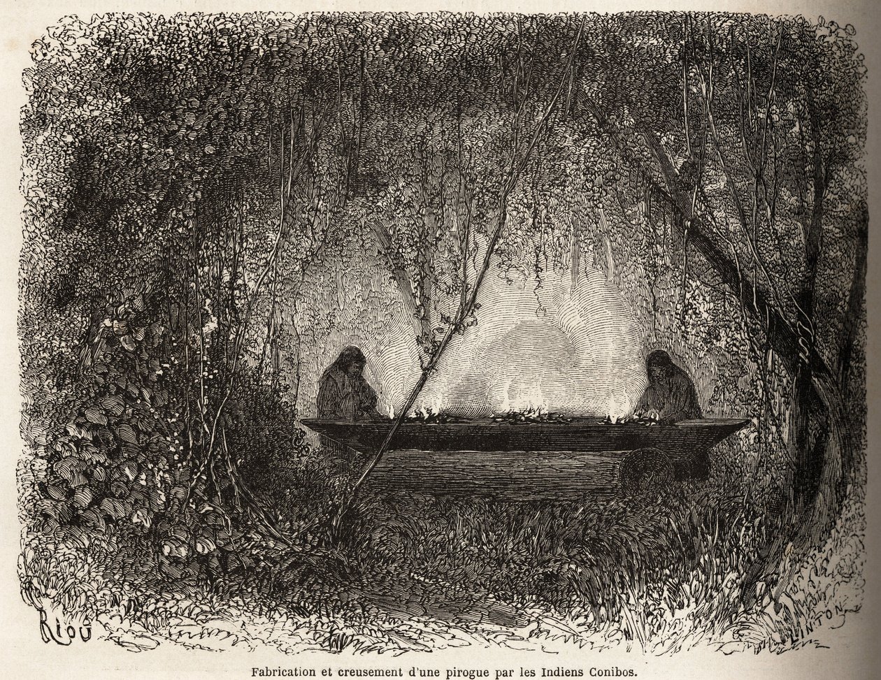 Výroba kánoe, evakuované ohněm, indiány Conibo z Peru, kresba Riou pro ilustraci cesty P. Marcoye z Tichého oceánu do Atlantského oceánu v letech 1848 až 1860. Rytina do „“Le tour du monde“, editoval Edouard Cha od Edouard Riou
