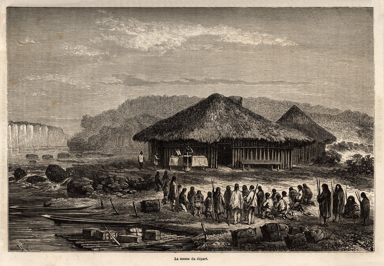 Mše odjezdu v Echarati (Peru), za účasti obrácených domorodců, kresba Riou, ilustrující cestu Paula Marcoye z Tichého oceánu do Atlantského oceánu v letech 1848 až 1860. Rytina „“ Le tour du monde““, upraveno podle Edouard Chart od Edouard Riou