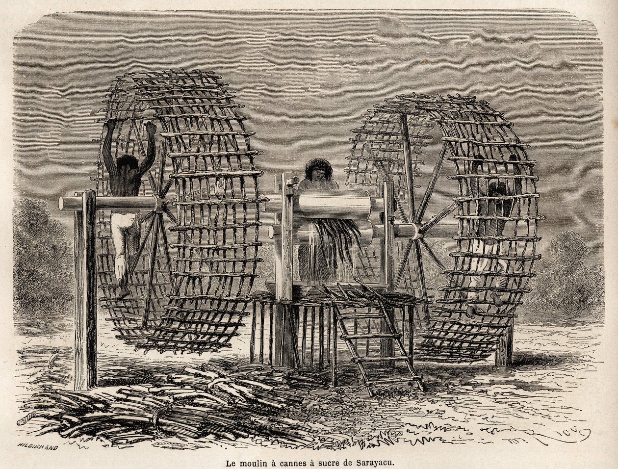 Mlýn na mletí cukrové třtiny ze Sarayacu (Peru), kresba Riou, ilustrující cestu Paula Marcoye z Tichého oceánu do Atlantského oceánu v letech 1848 až 1860. Rytina „“Le tour du monde““, editoval Edouard Charton od Edouard Riou