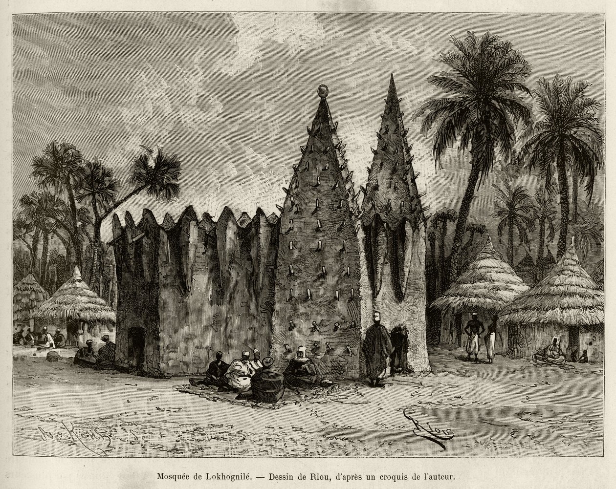 Mešita Lokhognile (Guinský záliv). Rytina Riou pro ilustraci příběhu „“ Z Nigeru do Guinejského zálivu““ od kapitána Louise Gustava Bingera (1856–1936), v letech 1887–1889, v Le tour du monde, nouveau journal des voyages, pod vedením od Edouard Riou
