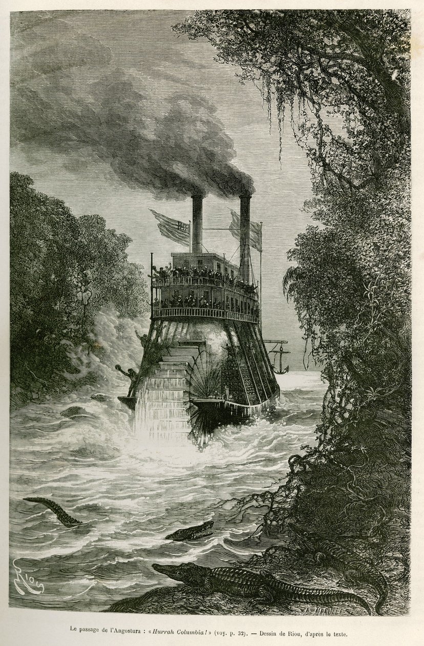 Průjezd Angostury (Kolumbie), parníkem expedice, kresba E.Riou, pro ilustraci cesty do rovnodenné Ameriky (Kolumbie, Ekvádor, Peru), v letech 1875-1876, Edouard Andre (1833-1894) , cestovatel pověřený misií Fr od Edouard Riou