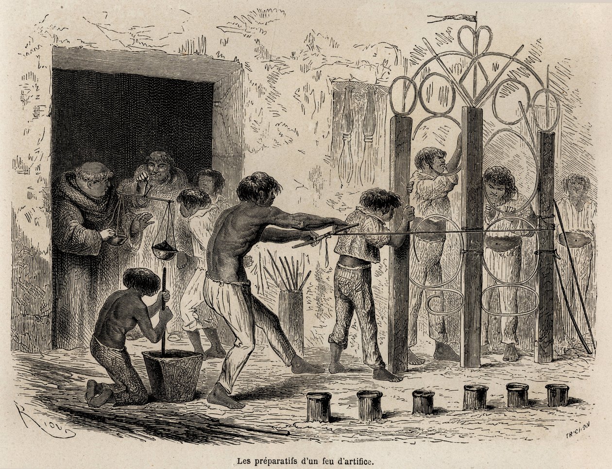 Příprava ohňostroje v Sarayacu (Peru), kresba Riou, k ilustraci cesty Paula Marcoye z Tichého oceánu do Atlantského oceánu v letech 1848 až 1860. Rytina „“ Le tour du monde“, editoval Edouard Charton od Edouard Riou