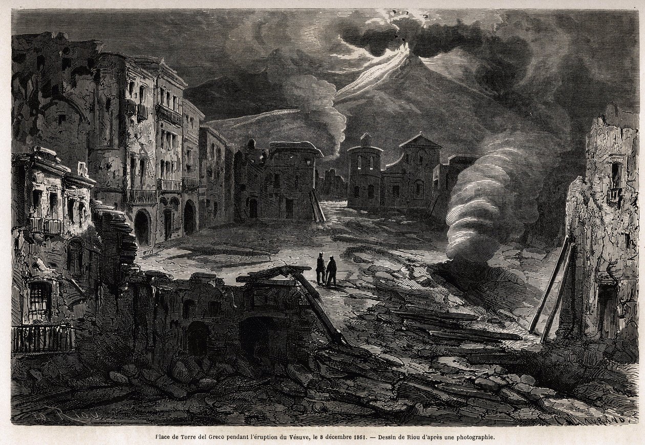 Náměstí Torre del Greco, během erupce Vesuvu, 8. prosince 1861, kresba Riou, pro ilustraci procházek po Neapoli od Marca Monniera, v roce 1862. Rytina „“ Le tour du monde“, editoval Edouard Charton od Edouard Riou