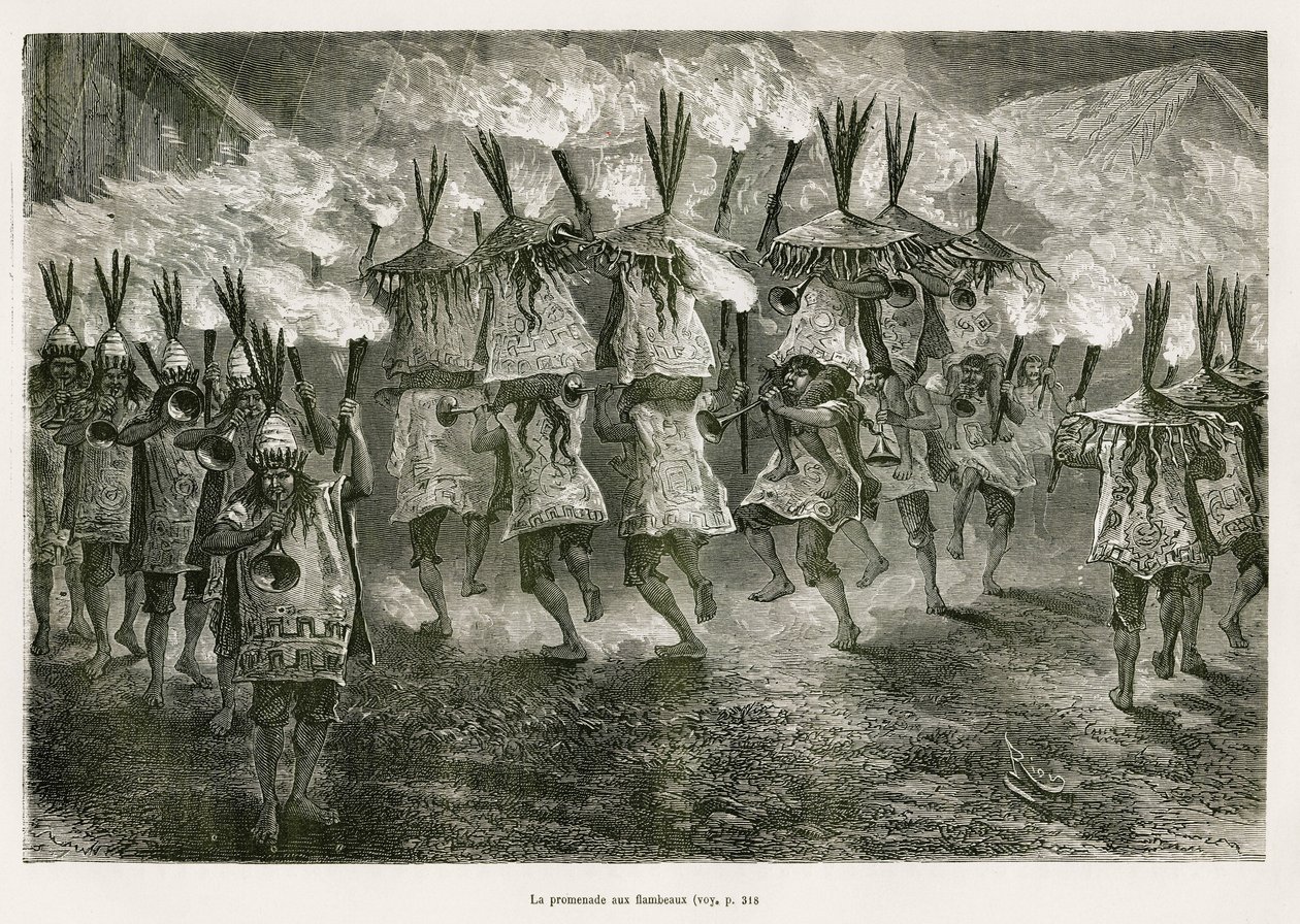 Procházka s pochodněmi ulicemi San Jose, kresba E.Riou, pro ilustraci cesty v regionu Titicaca a údolích na východě Dolního Peru, v roce 1873 od Paula Marcoye. Rytina v Le tour du monde od Edouard Riou