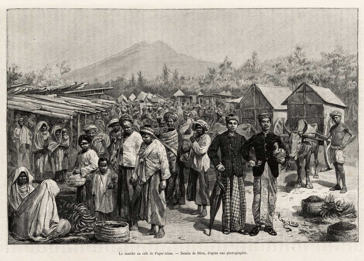 Procházka v Pager Alam Cafe (Malajsie). Rytina od Riou pro ilustraci příběhu „Rok v Malajsii“, od Julese Clainea (1856-1939) od Edouard Riou