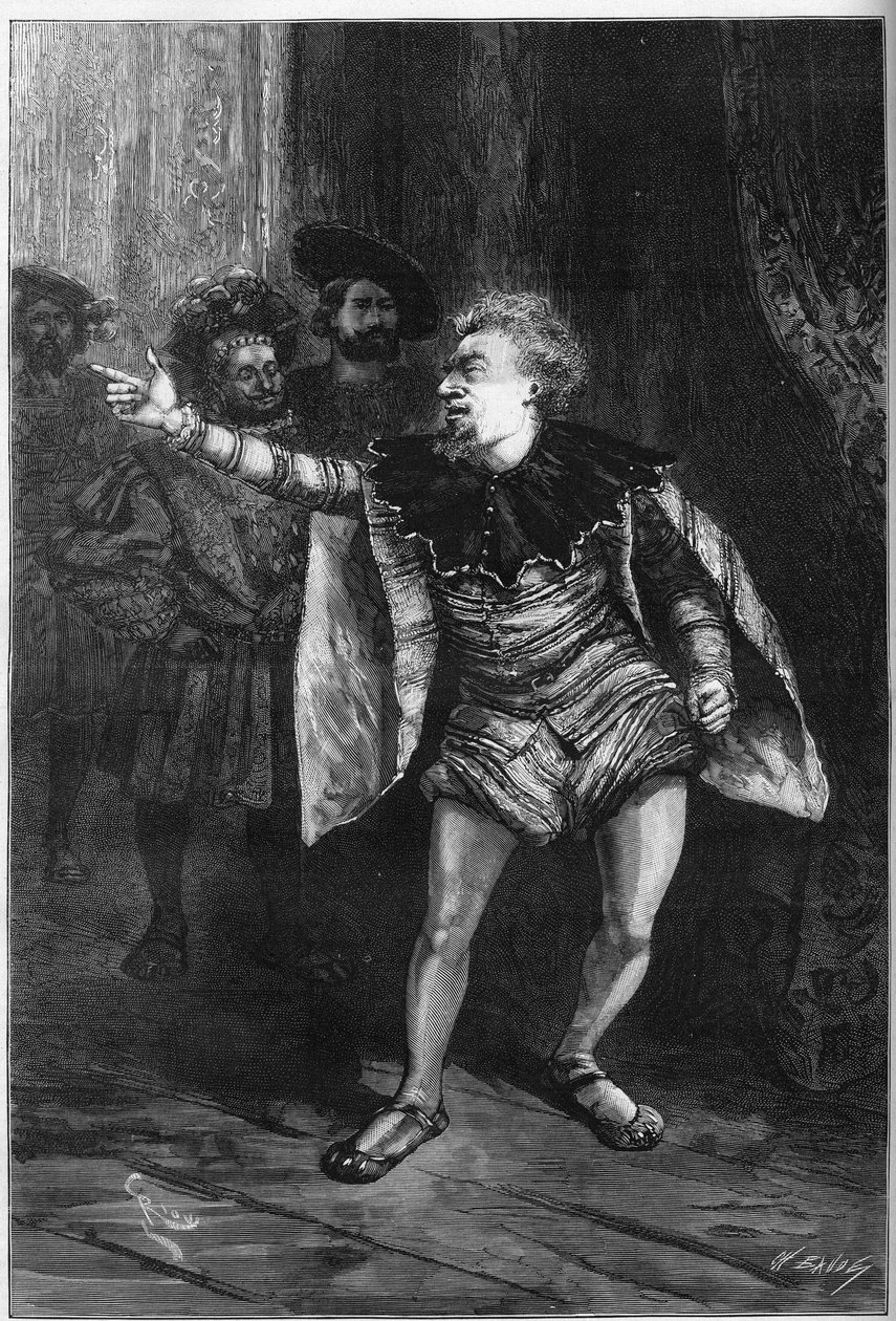 Divadelní ztvárnění: „Král se baví“ od Victora Huga (1808-1883). Scéna III dějství III: Předsíň Louvru, Triboulet (Edmond Got od Edouard Riou