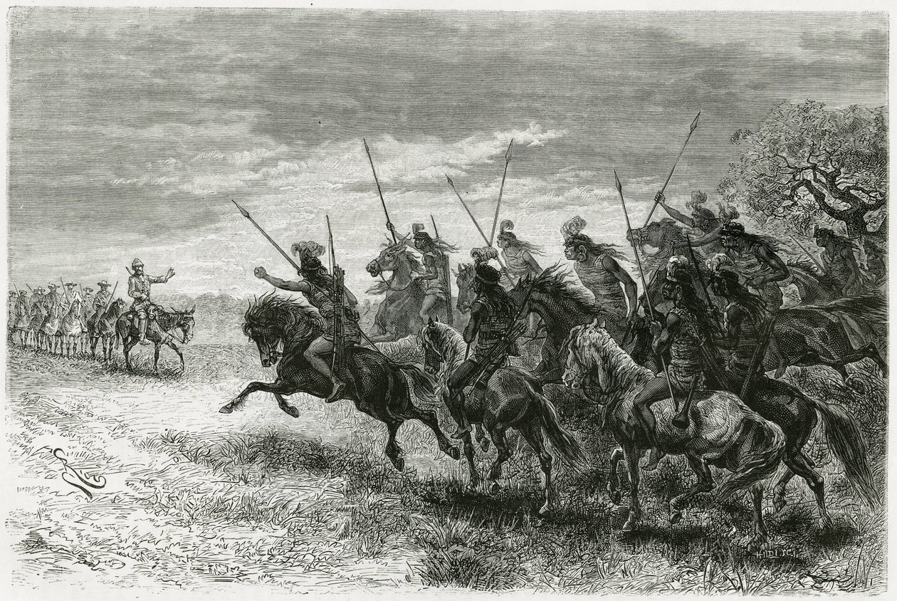 Indiáni kmene Toba (z oblasti Chaco, mezi Paraguayí a Bolívií) odmítající projít kolonou expedice Thouar. Rytina od Riou, pro ilustraci příběhu „“ Hledání pozůstatků mise Crevaux“ v roce 1884, od A.Thouara (1853- disapp od Edouard Riou