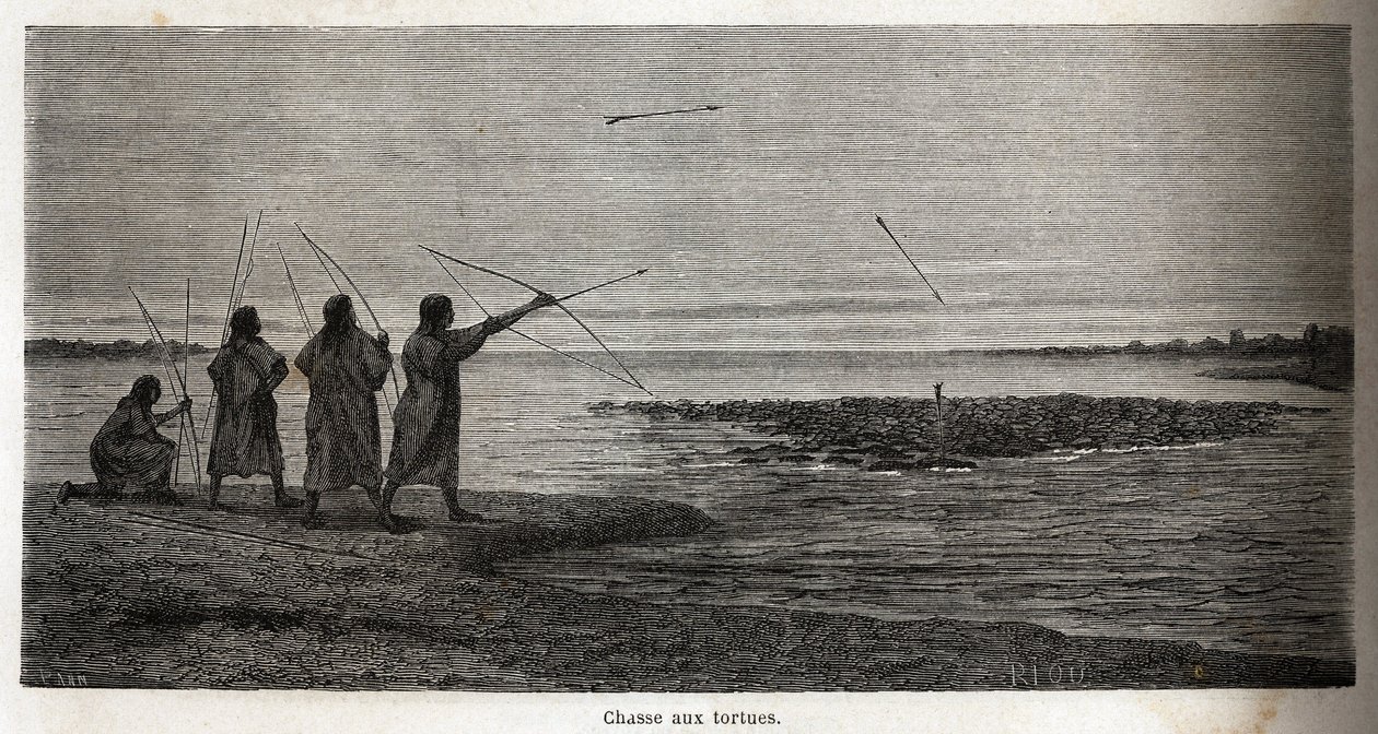 Lov želv, mezi indickými koniby z Peru, kresba Riou pro ilustraci cesty P. Marcoye z Tichého oceánu do Atlantského oceánu v letech 1848 až 1860. Rytina v „“Le tour du monde““, editoval Edouard Charton od Edouard Riou