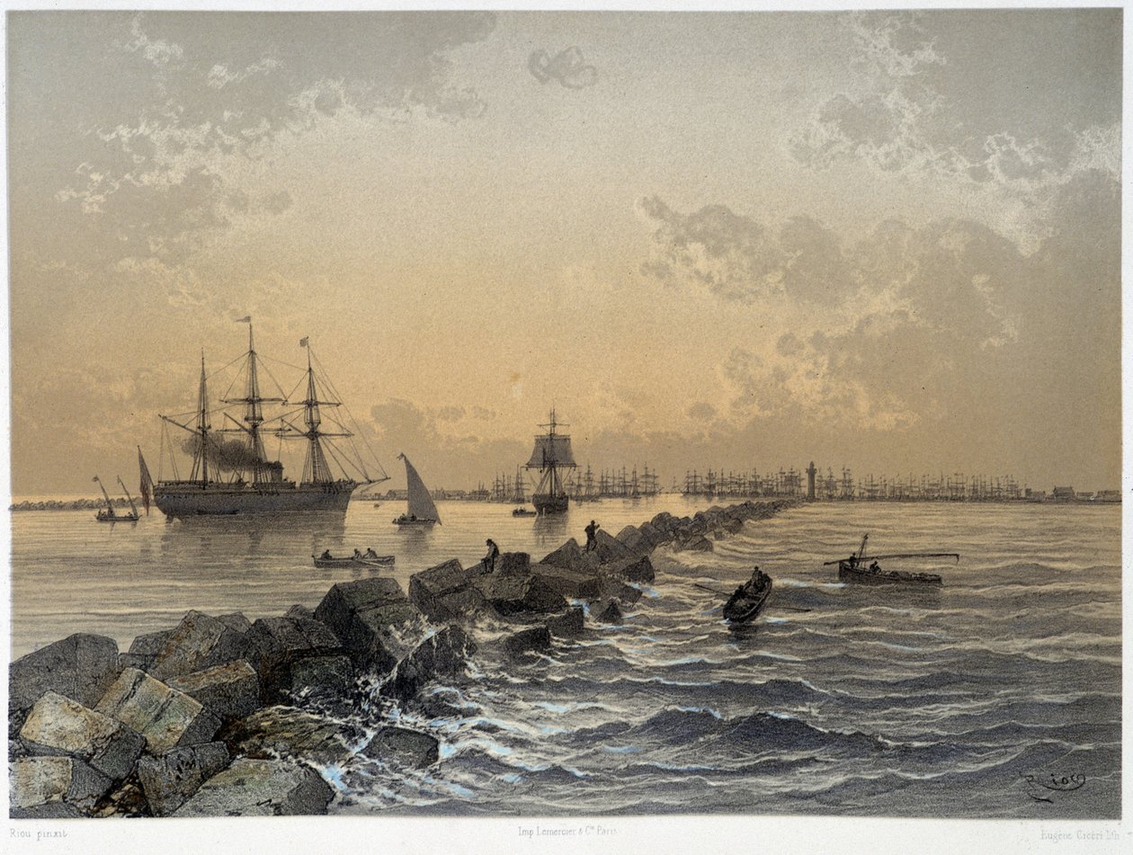 Pohled na kanál v „“ Inaugurace Canal de Suez od G. Nicole. 1869 od Edouard Riou