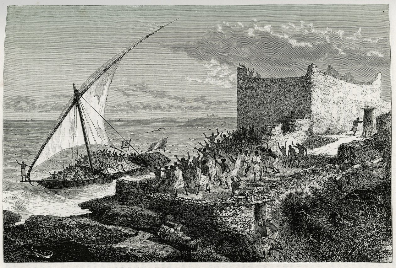 S trusem cestujících, kteří vplouvají do přístavu Moguedouchou (Mogadišo), námořníci dělají obrovský rachot, aby přilákali lidi, kteří je vítají s nadšením. Rytina Riou pro ilustraci příběhu „“ Voyage chez les Benadir, les somalis et od Edouard Riou