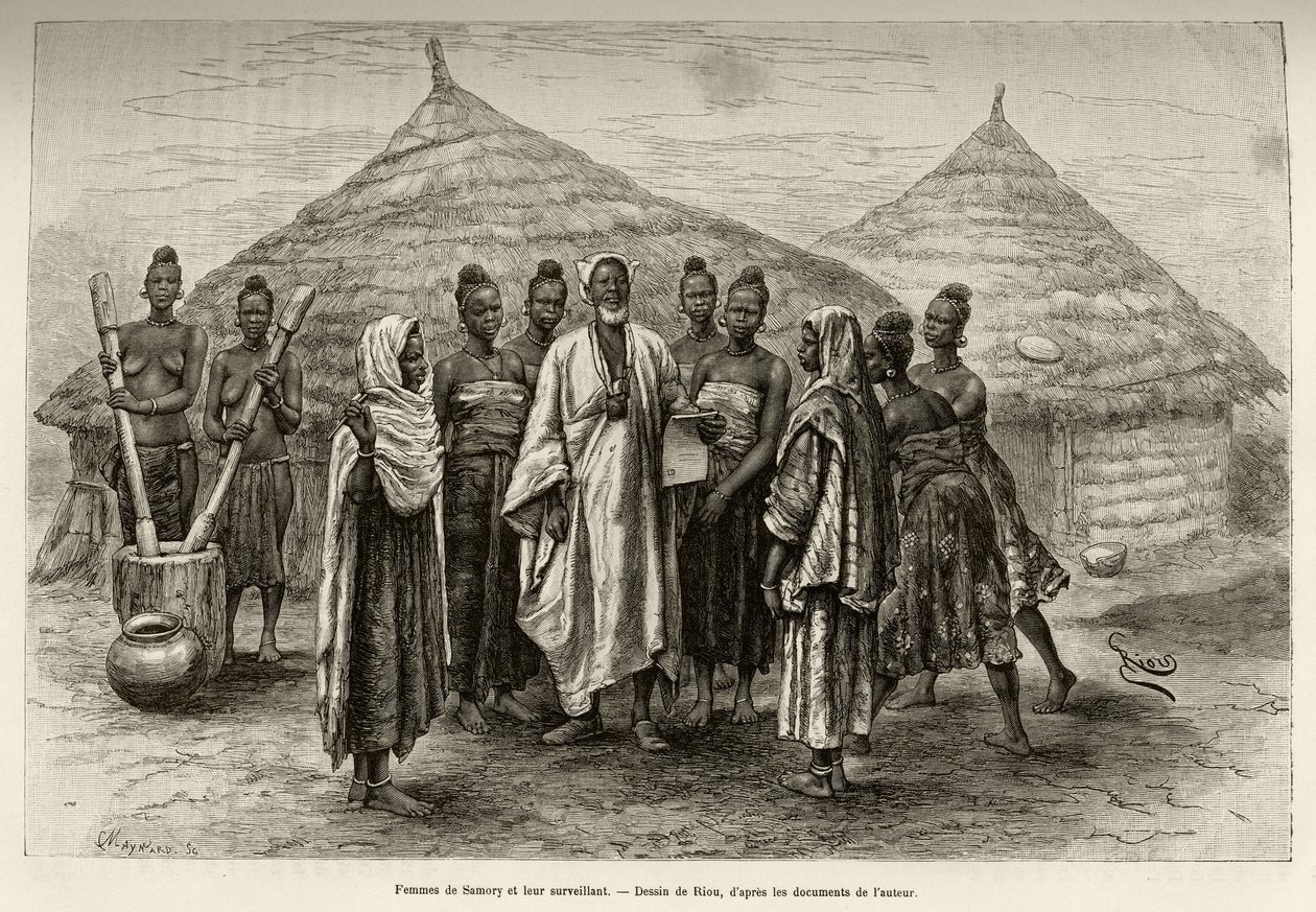 Women of Samory Toure (cca 1835-1898) válečný náčelník nigerské smyčky a jejich nadřízený Sonninke, který umí číst a psát arabsky, o čemž svědčí papír, který drží v ruce. Rytina Riou pro ilustraci příběhu „“ Od Nigeru k Zálivu od Edouard Riou