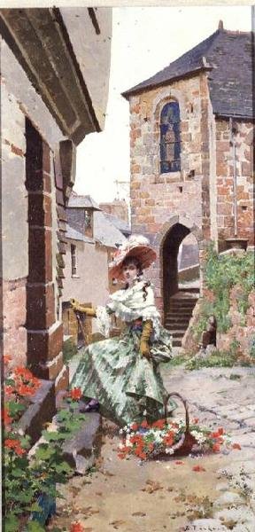 Pařížanka s košíkem květin (panel) od Edouard Toudouze