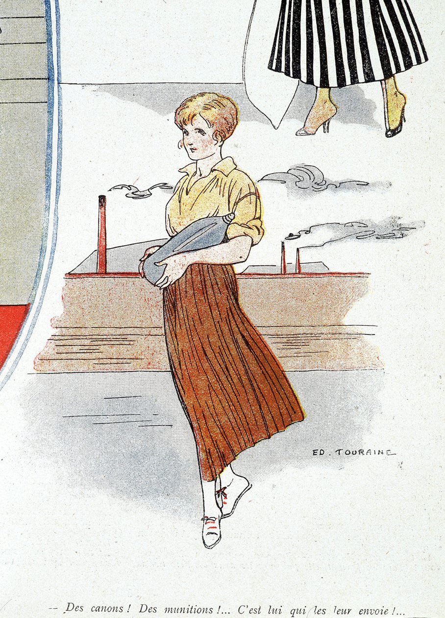 Žena vyrábějící munici pro válku 1914-1918. „Nákladní auta! munice! On je posílá!" V "Bayonet", dne 25.11.1915 (rytina) od Edouard Touraine