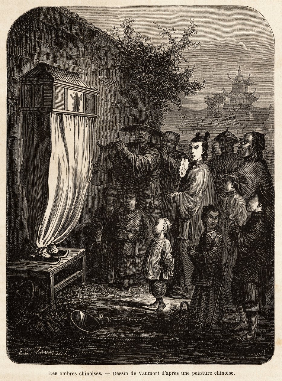 Mobilní divadlo čínských stínů na procházce Pekinem, kresba Vaumorta (? -1886), k ilustraci cesty ze Šanghaje do Moskvy, v letech 1859 až 1862, pana de Bourboulona, francouzského ministra v Číně. Rytina v „“Le tour du monde“, editoval Edouar od Edouard Vaumort