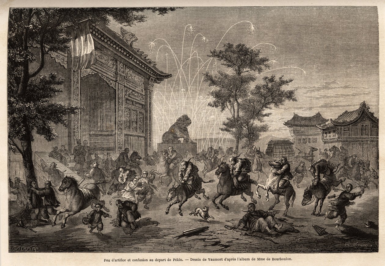 Ohňostroj v Pekinu a zmatek posádky francouzského vyslanectví při odjezdu do Mongolska. Kresba od Vaumorta (? -1886), pro ilustraci cesty ze Šanghaje do Moskvy, v letech 1859 až 1862, pana de Bourboulona, francouzského ministra v Číně. Rytina od Edouard Vaumort