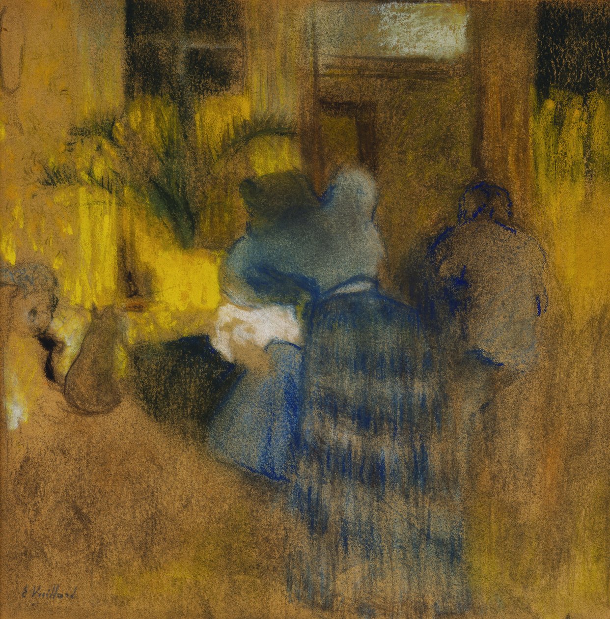 Interiér žlutá a modrá, kočka a dítě od Edouard Vuillard