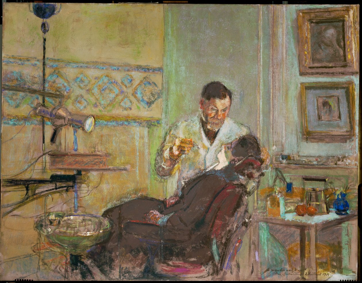 Doktor Georges Viau ve své zubní ordinaci při ošetření Annette Roussel (olej na plátně) od Edouard Vuillard