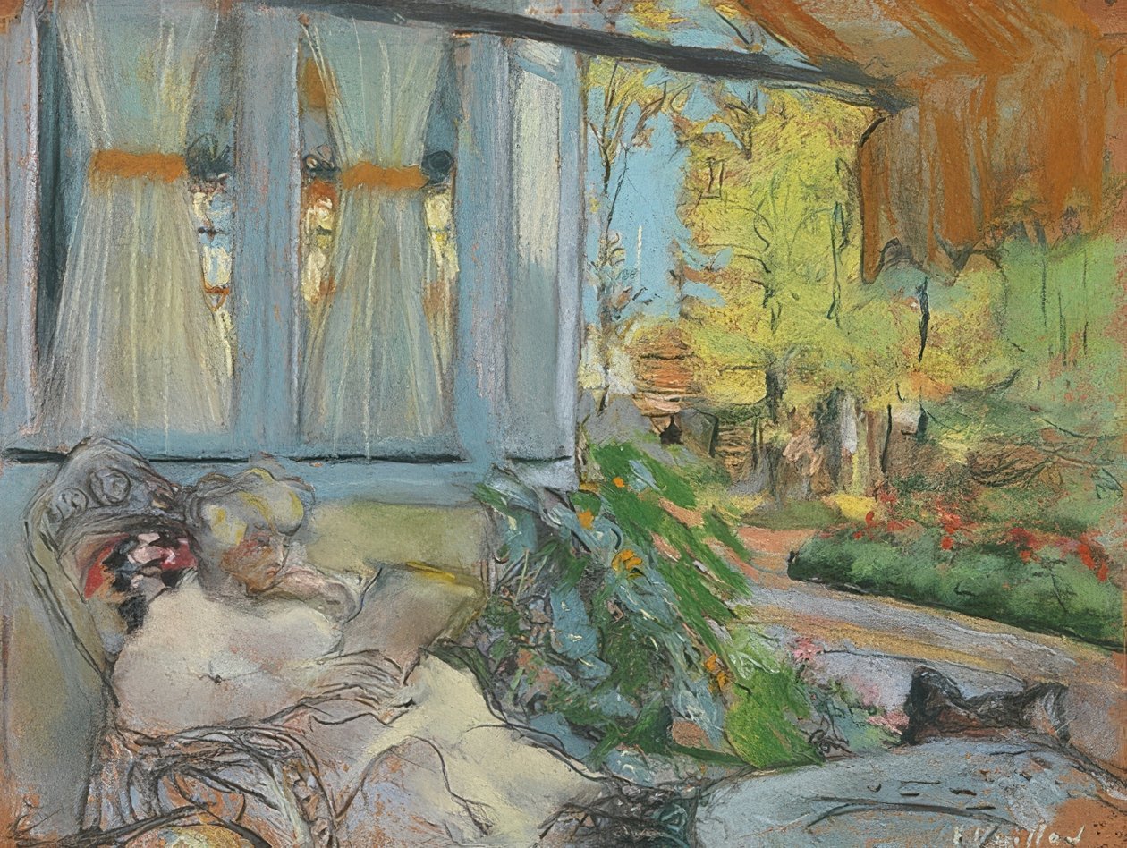 Madame Hessel auf der Terrasse lesend (Madama Hesselová čte na terase Clos Cézanne). Um 1920-25 od Edouard Vuillard