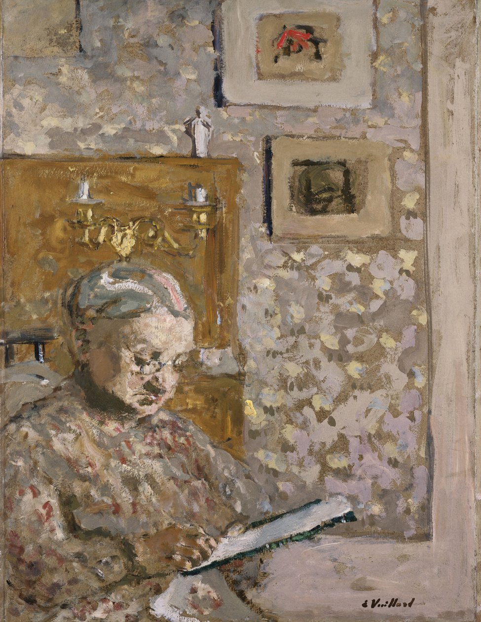 Mme Vuillard with a Tapestry, cca 1910 (olej na palubě) od Edouard Vuillard