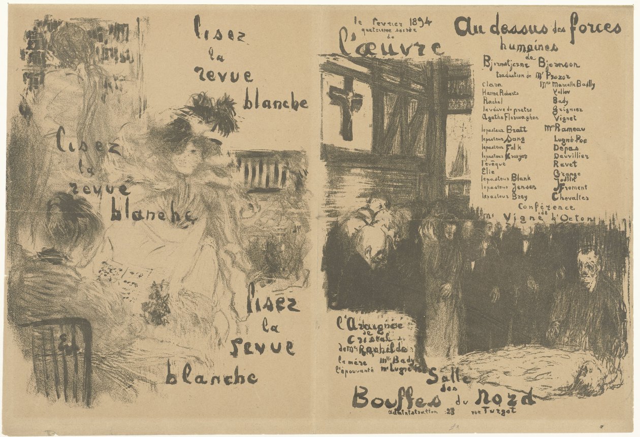 Obálka programové brožury s reklamou na La Revue Blanche a oznámením hry Au-dessus des force humaines Lisez la revue blanche Au-dessus des force humaines od Edouard Vuillard